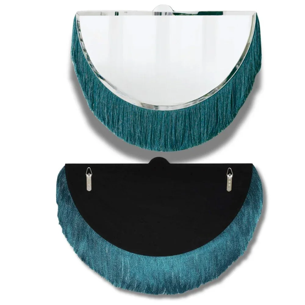 Unique NEW IN BOX Gorgeous Boho Mod Teal Fringe Half Moon Beveled Wall Mirror